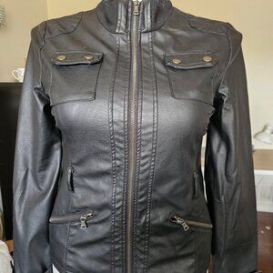 Black faux leather jacket.